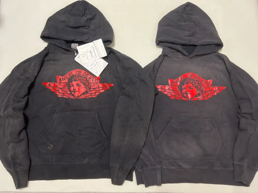 Printed proofing SAINT Mxxxxxx ANGEL HOODIE/BLK Angel Reborn Cracked Printed Retro Distressed Hoodie Washed Black S-XL